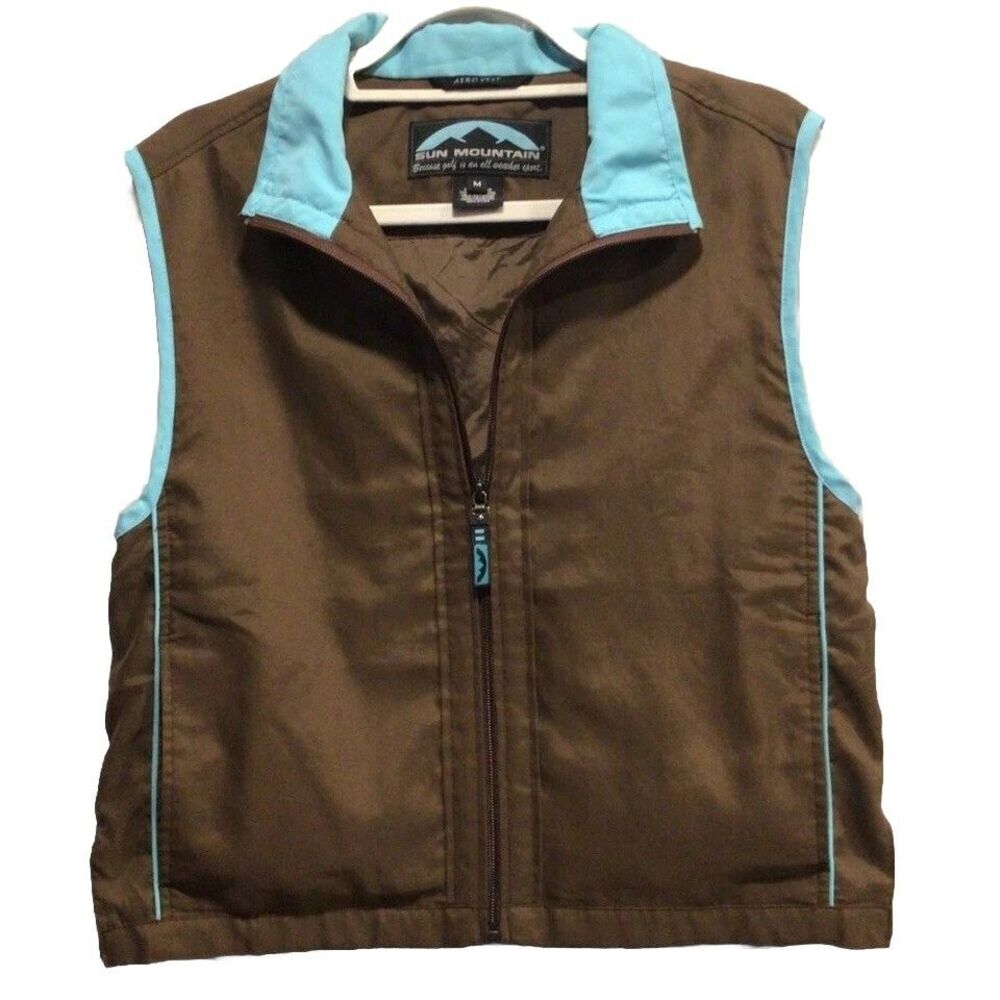 Sun Mountain Women’s Golf Vest Brown Light Blue Trim Size M Windproof Layer